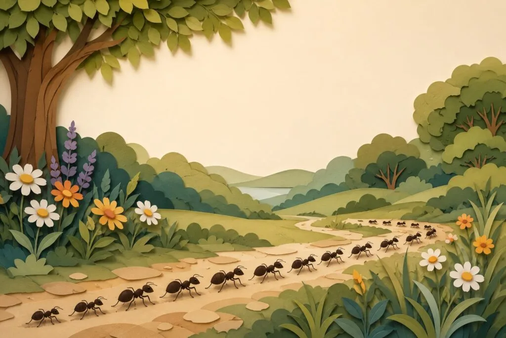 Layered paper cut illustration of a peaceful summer garden where a small trail of ants crosses a stone path while a relaxed adult enjoys reading nearby, illustrating calm coexistence and overcoming the fear of ants.