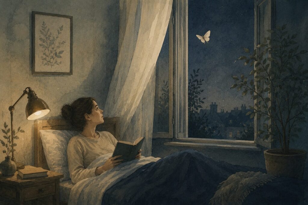 Person noticing a moth entering a softly lit bedroom at twilight.