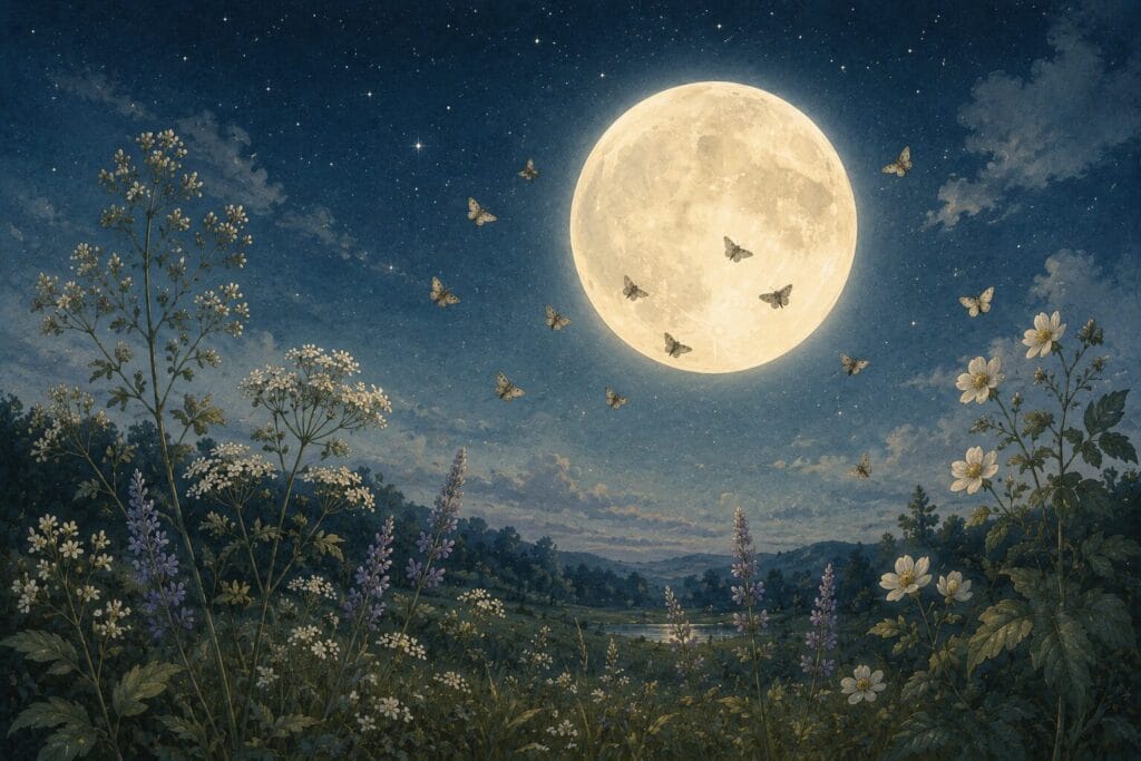 Illustrated moonlit wildflower meadow with several small moths flying peacefully in front of a full moon, representing understanding and overcoming a fear of moths.