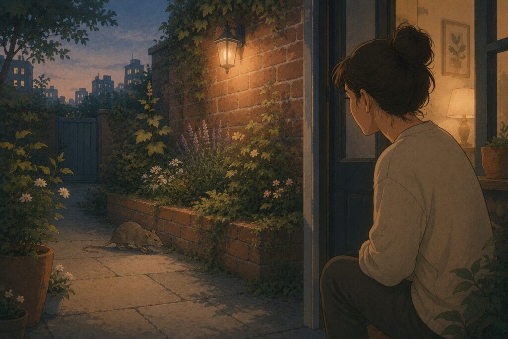 Calm editorial illustration of a rat at a safe distance in an evening garden.