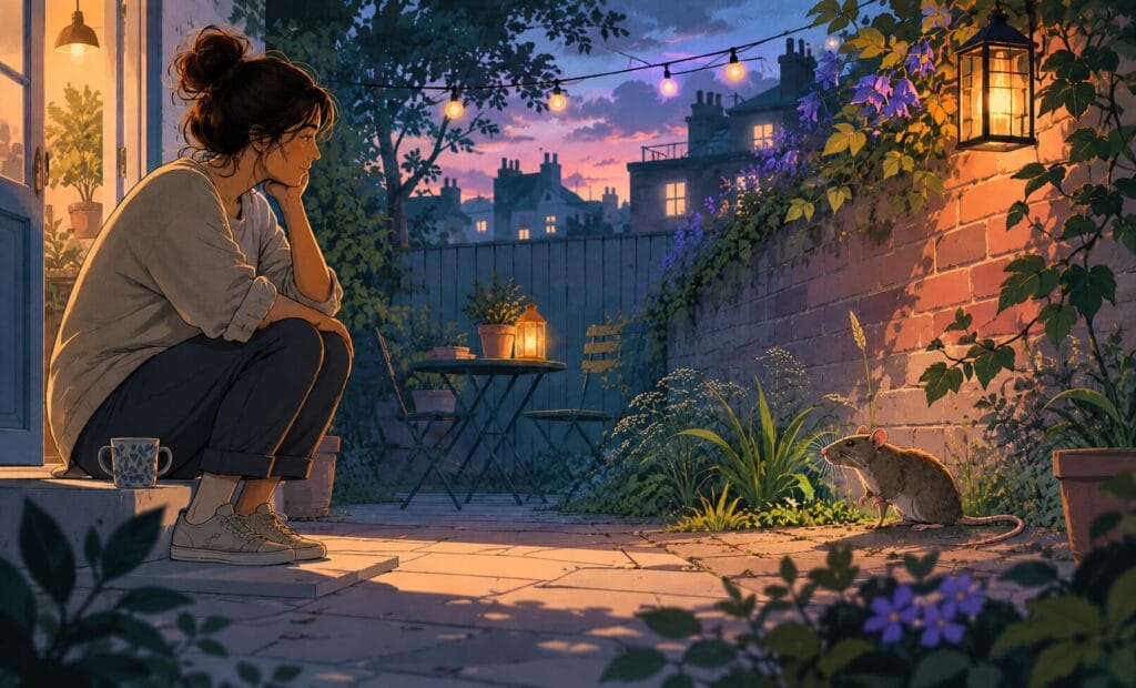 Person noticing a rat at a safe distance in a quiet urban garden.