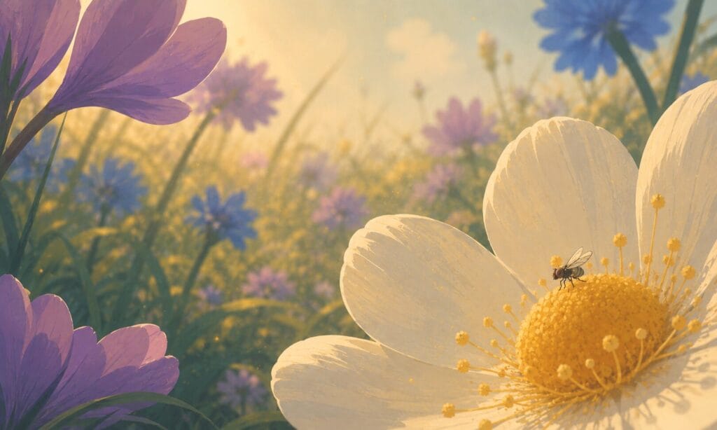 Gentle illustrated fly resting on a wildflower in a colourful meadow, showing flies as part of nature's pollination ecosystem in a calm, non-threatening way.