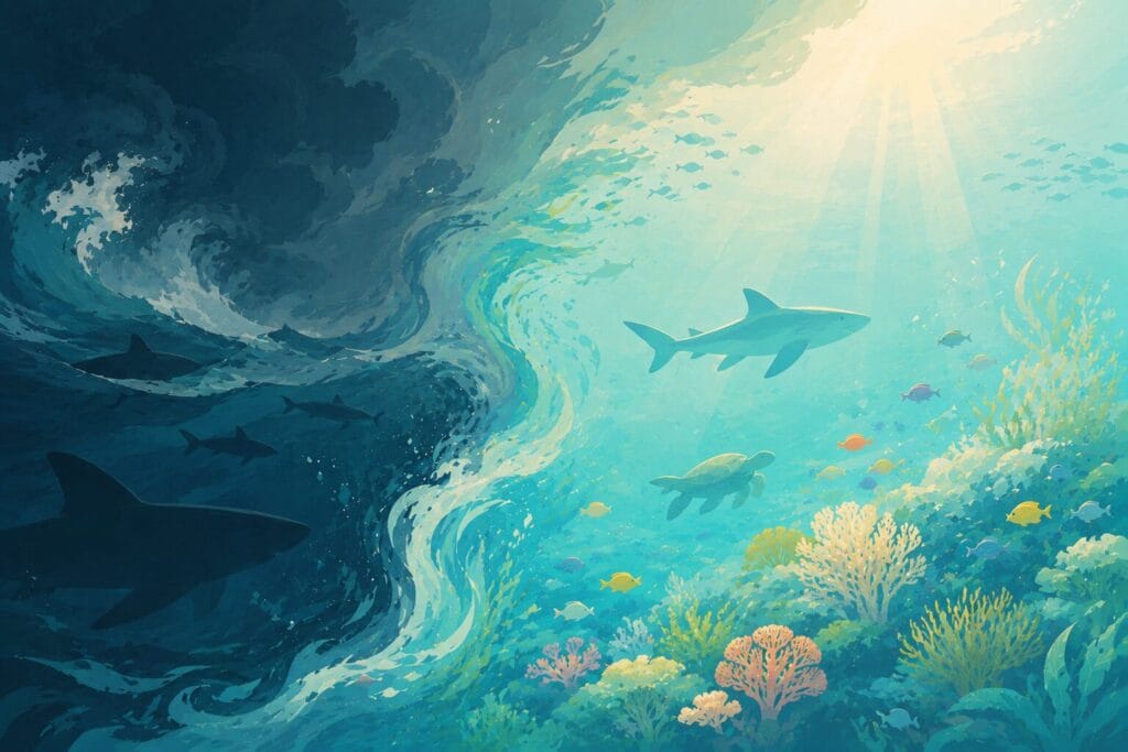 Editorial artwork contrasting dramatic shark myths with peaceful ocean reality.