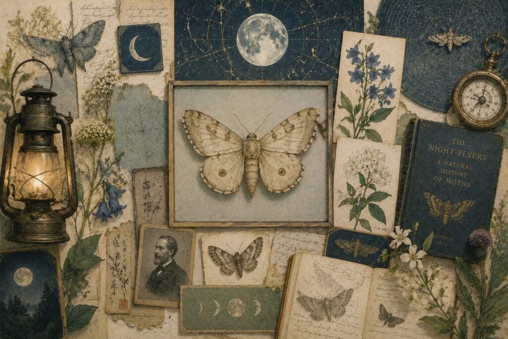 Editorial collage featuring moth specimens, botanical illustrations, astronomical charts, an antique lantern and historical natural history artefacts, celebrating the cultural and scientific history of moths in a refined museum-inspired composition.