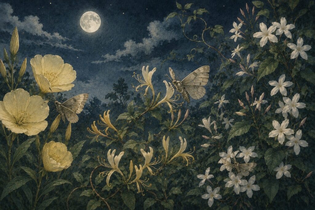 Moths pollinating flowers during the night.