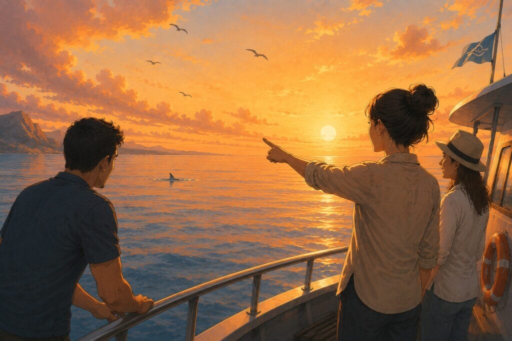 Editorial illustration showing adults calmly watching a distant shark from a boat at sunset, demonstrating confidence, emotional growth and overcoming shark phobia through understanding with Creature Courage.
