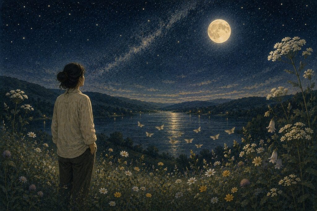 Person peacefully enjoying a moonlit landscape after overcoming a fear of moths.