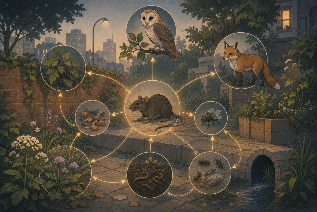 Illustration showing rats connected to an urban ecosystem and food web.