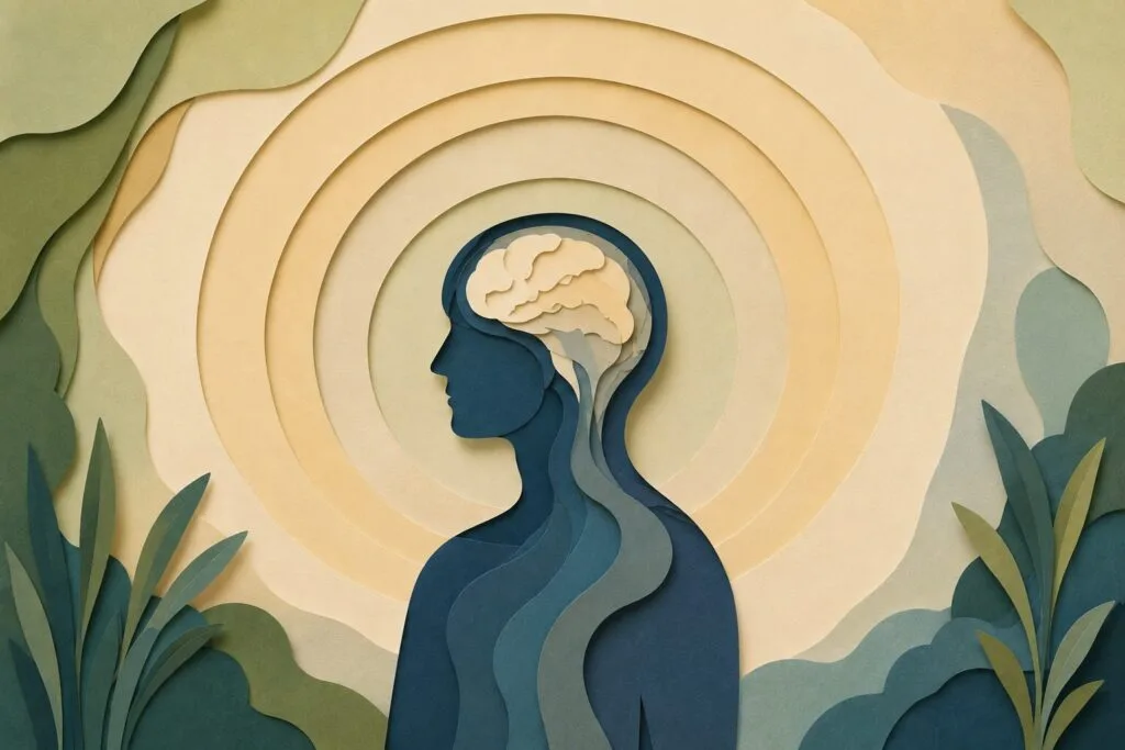 Layered paper illustration explaining why the brain notices ants so easily.