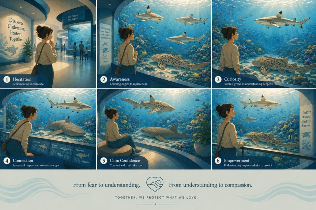 Editorial illustration showing a person gradually overcoming shark phobia while observing peaceful blacktip reef sharks, zebra sharks and nurse sharks in a modern public aquarium as part of Creature Courage's fear of sharks resources.
