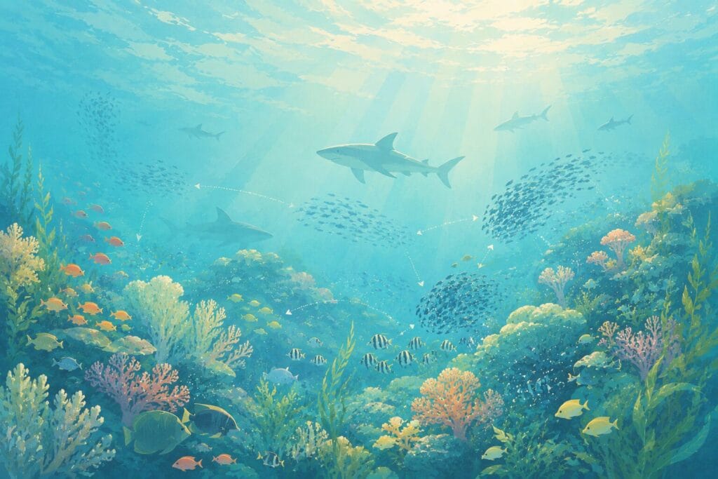 Editorial illustration showing graceful sharks swimming peacefully above a thriving coral reef with colourful tropical fish, healthy corals and marine plants, illustrating how sharks help maintain balanced ocean ecosystems.
