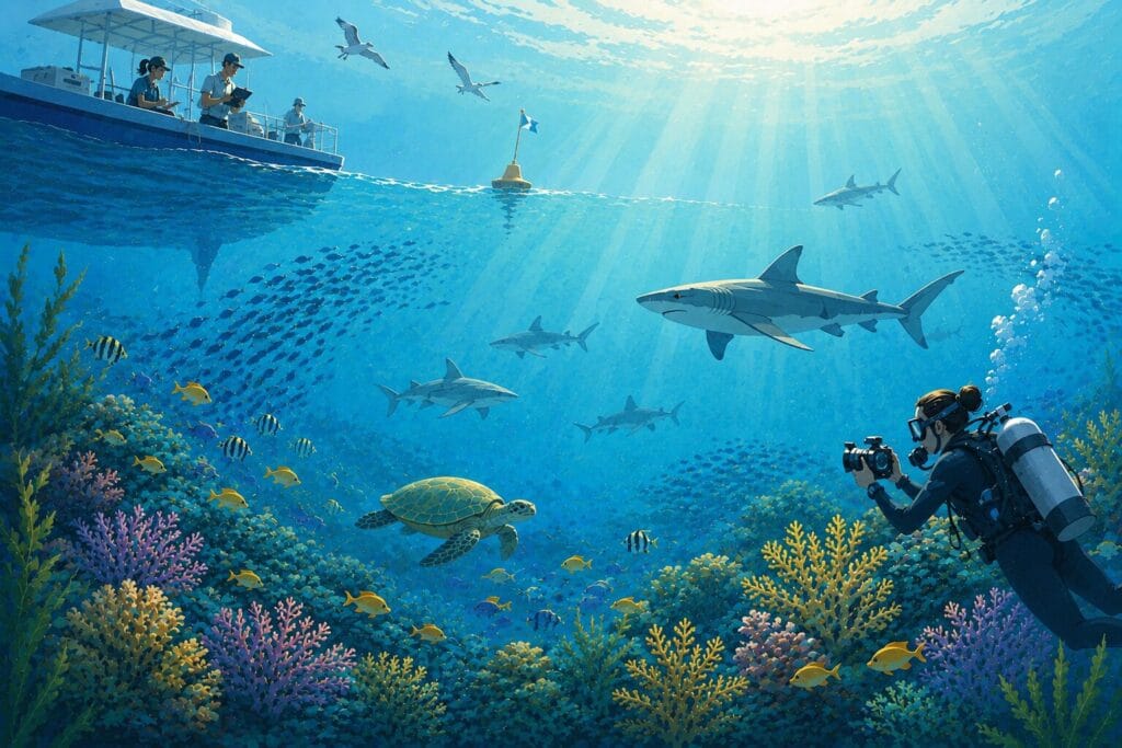 Editorial illustration of marine scientists and divers respectfully observing sharks in protected coral reefs, helping people with shark phobia understand sharks through education and compassionate learning from Creature Courage.