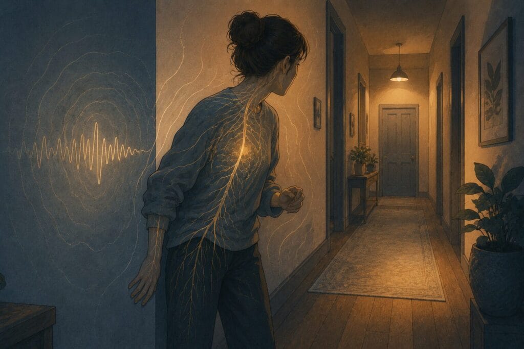 Person reacting anxiously to a sound that may be linked to rat phobia.