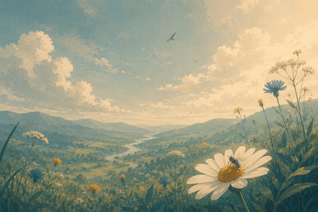 Small illustrated fly resting on a daisy overlooking a vast countryside landscape, showing how tiny flies are within the wider natural world and encouraging a balanced perspective.