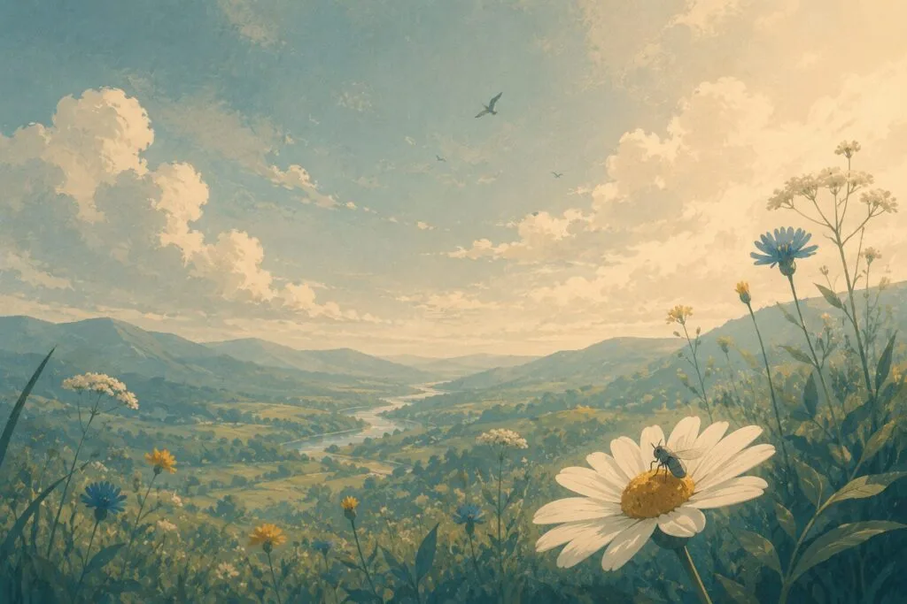 Small illustrated fly resting on a daisy overlooking a vast countryside landscape, showing how tiny flies are within the wider natural world and encouraging a balanced perspective.