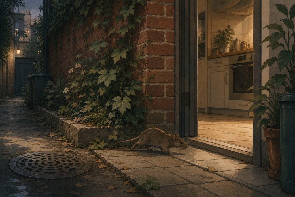 Rat moving along the boundary between an outdoor wall and a home.