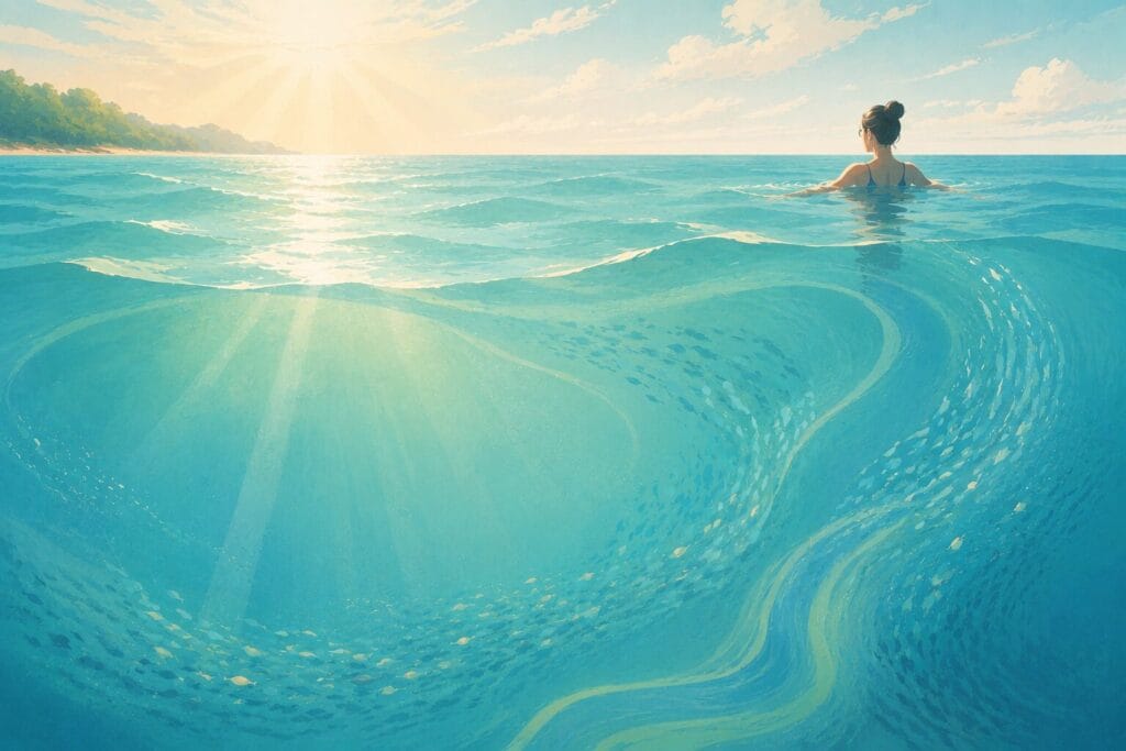 Editorial artwork contrasting dramatic shark myths with peaceful ocean reality.