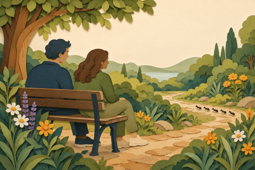 Two adults sit together on a garden bench, looking towards a small trail of ants on a nearby path