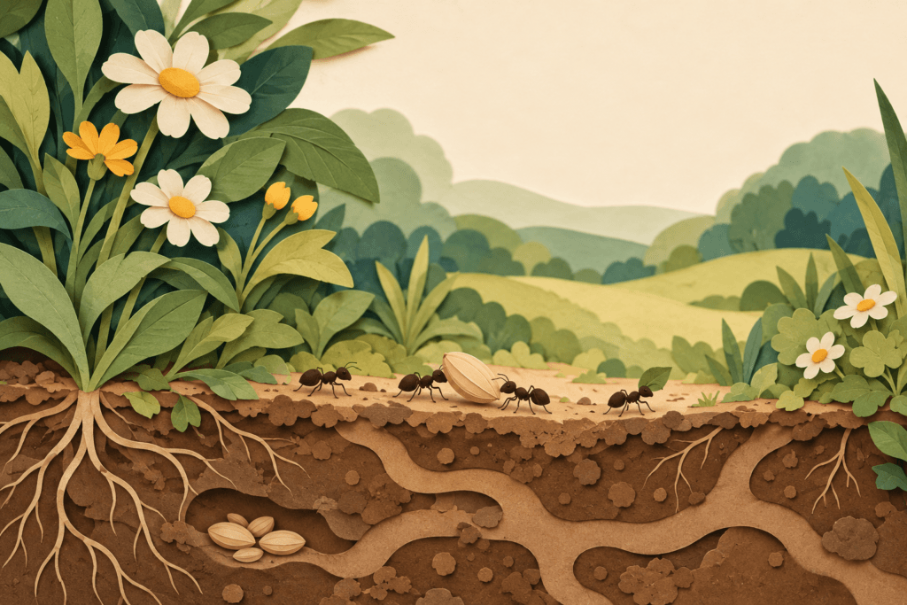 Layered paper-cut illustration of ants carrying a seed and leaf beside flowers, with roots and soil tunnels below