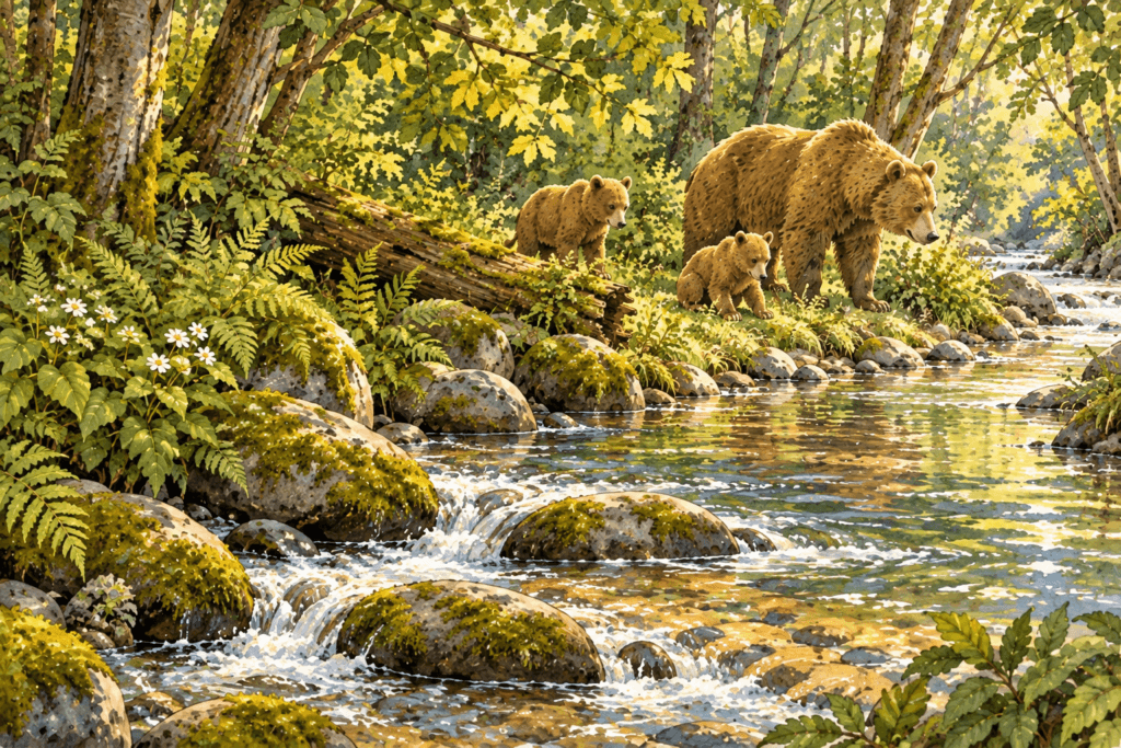 Watercolour illustration of a mother bear and two cubs beside a sunlit woodland stream