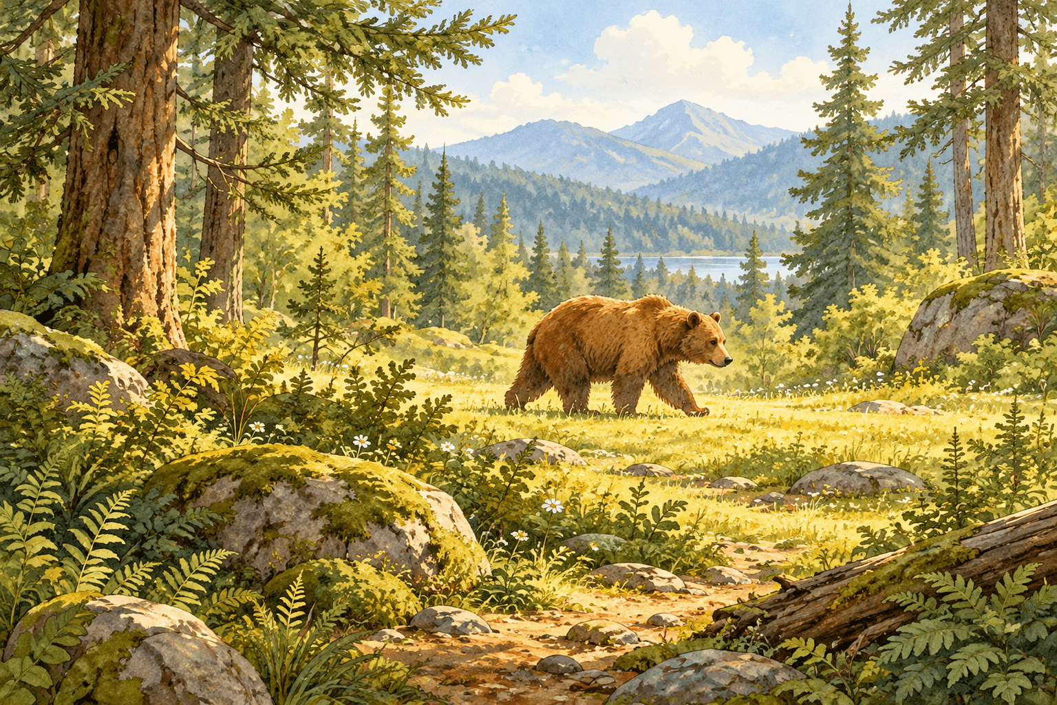 Watercolour illustration of a brown bear walking through a sunlit woodland clearing.