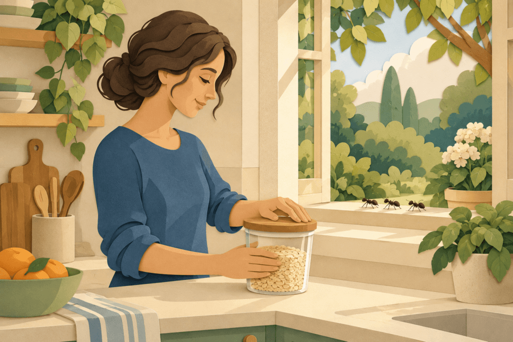 Paper-cut illustration of a relaxed woman sealing a food jar in a sunlit kitchen, with ants on the windowsill